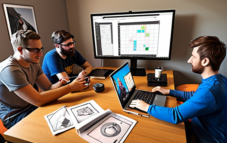 **

A collaborative Roblox game development team brainstorms ideas. Show designers, programmers, and artists discussing game goals and types around a table filled with concept art, code snippets, and Roblox character models. Emphasize teamwork and creative energy.

**